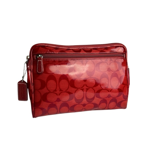 Coach Signature Red Patent Leather Accents Handbag Clutch Make up Case Women’s - Picture 12 of 17